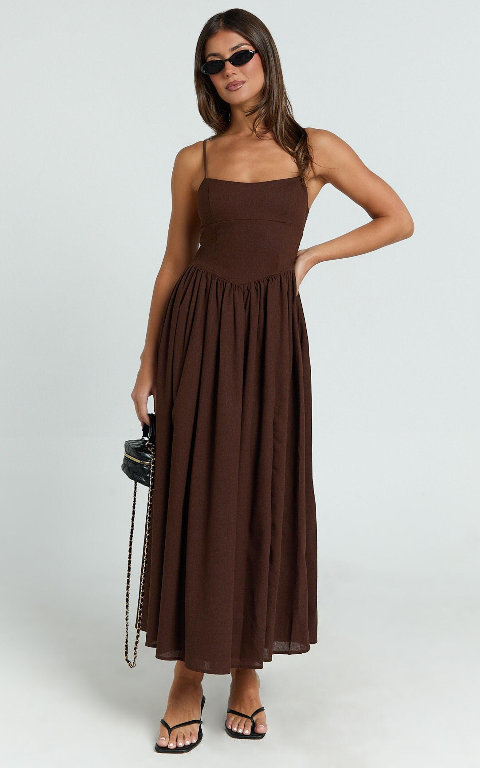 Morris Midi Dress - Linen Scoop Neck Gathered Dress in Chocolate Product Image