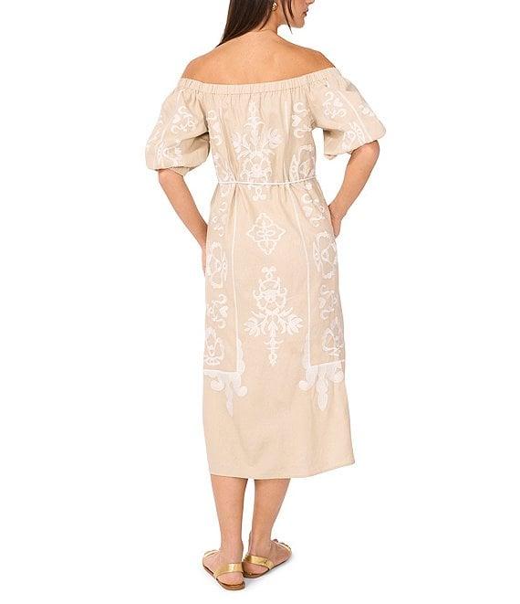 Vince Camuto Woven Off-the-Shoulder 3/4 Sleeve Embroidered Midi Shift Dress Product Image