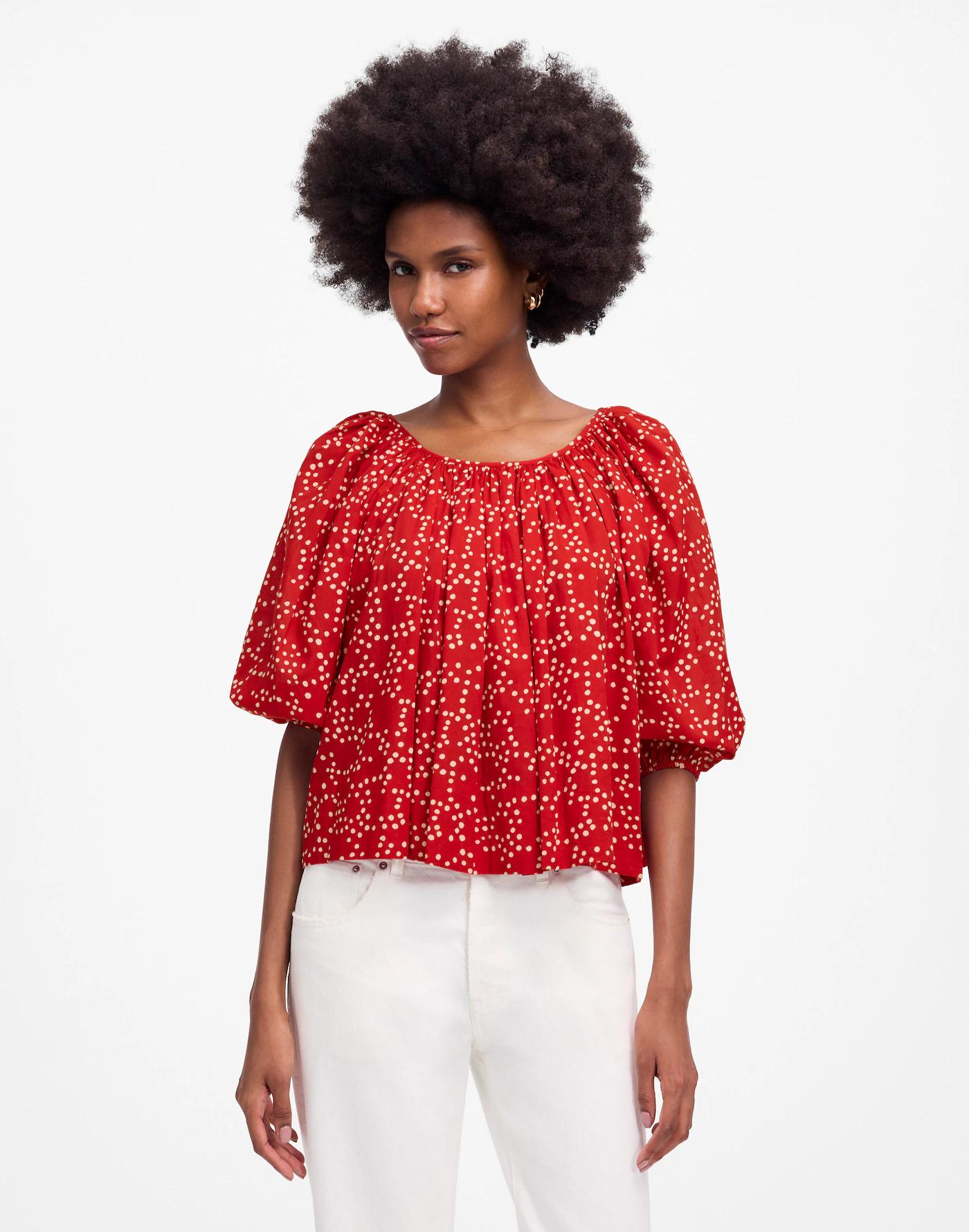 Shirred Puff-Sleeve Top in Dot Product Image