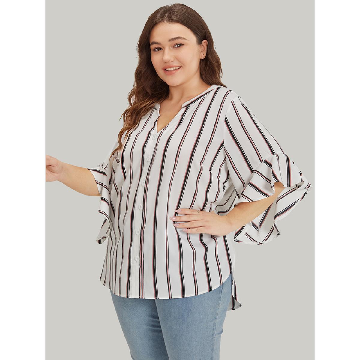 Plus Size White Striped Contrast Notched Bell Sleeve Split Side Blouse Women Office Elbow-length sleeve Notched collar Dailywear Blouses BloomChic 12/L Product Image