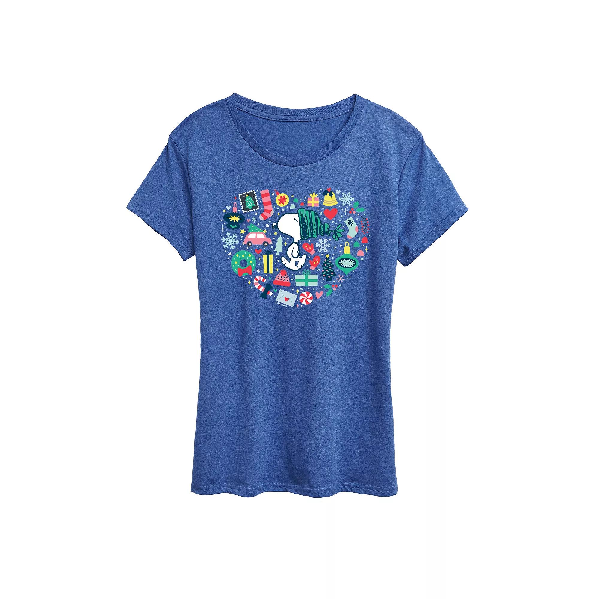 Women's Peanuts Snoopy Holiday Heart Graphic Tee, Size: Small, Grey Royal Blue Product Image
