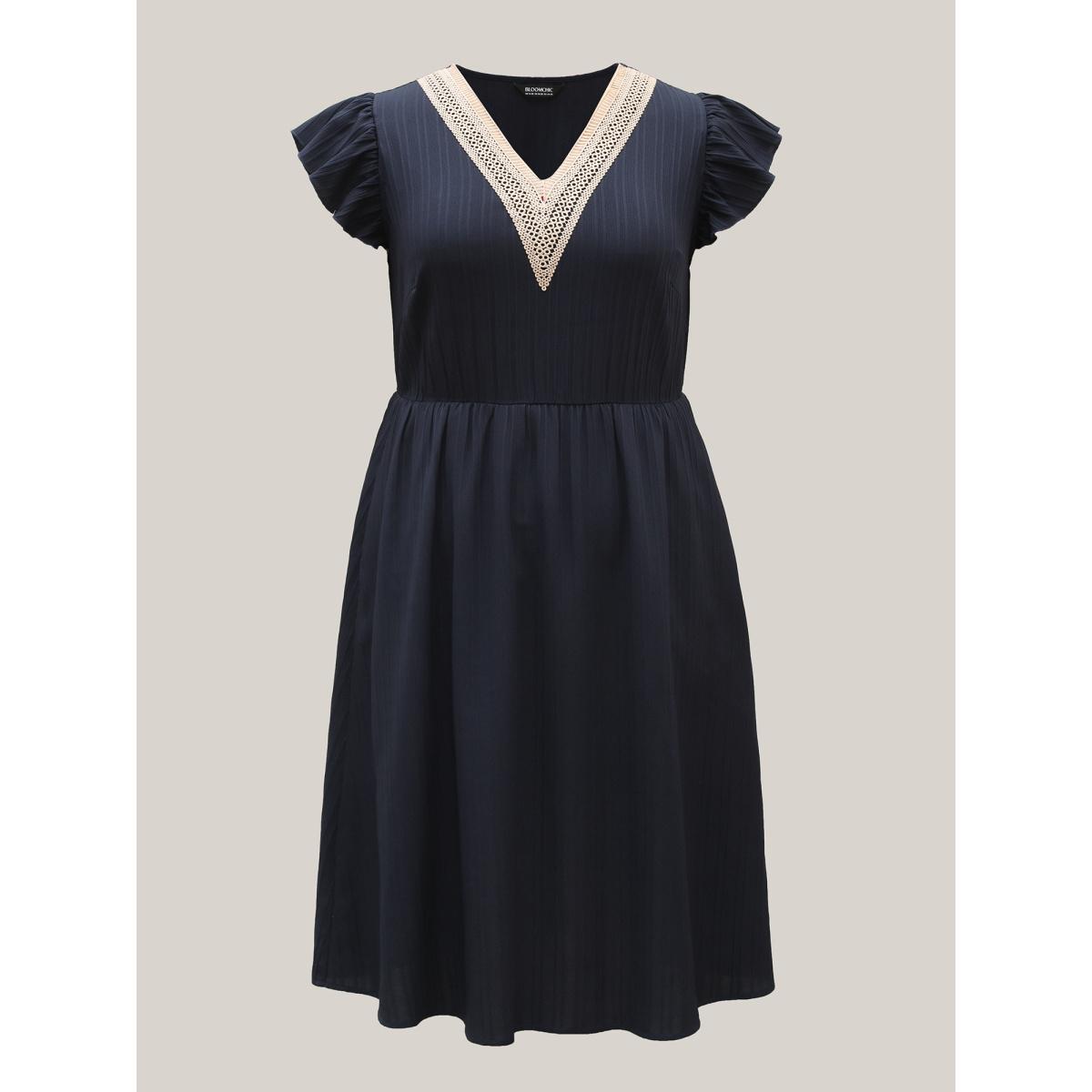 Plus Size Textured Lace Neckline Ruffled Sleeve Dress Navy Women Elegant Woven ribbon&lace trim V-neck Short sleeve Curvy BloomChic 30/6X Product Image