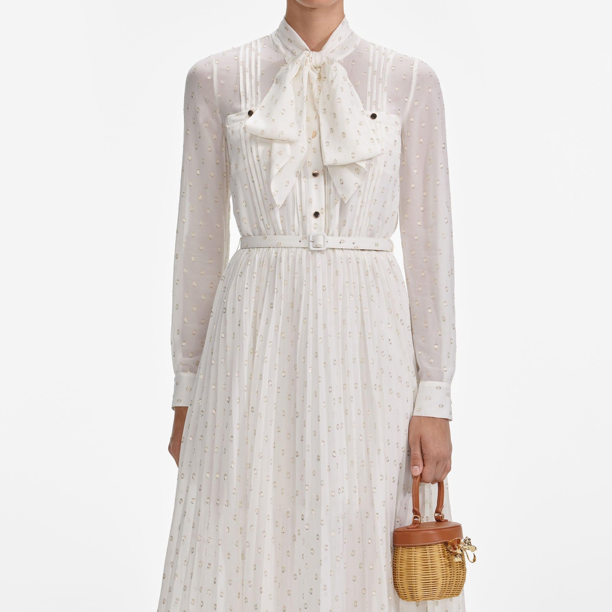 Cream And Gold Pussy Bow Midi Dress Product Image