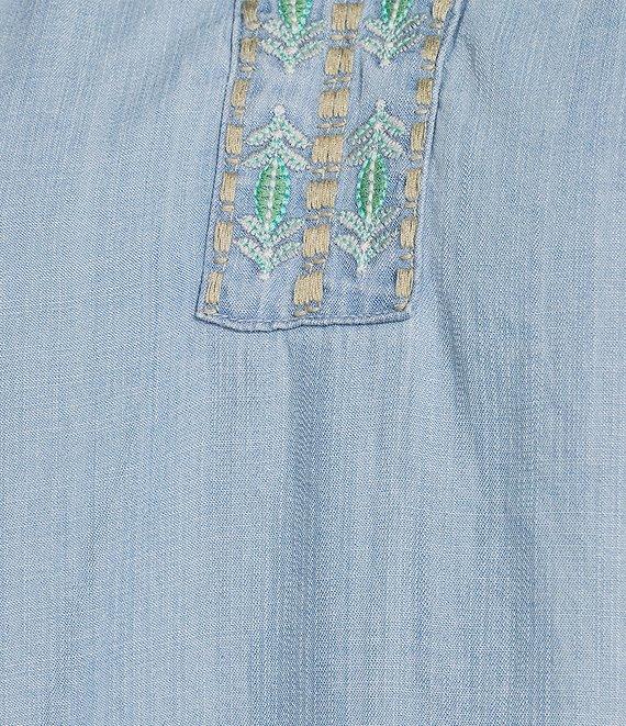 Multiples Plus Size Lyocell Embroidered Elbow Raglan Sleeve Notch Neck Band Collar Hi-Low Hem Top Product Image