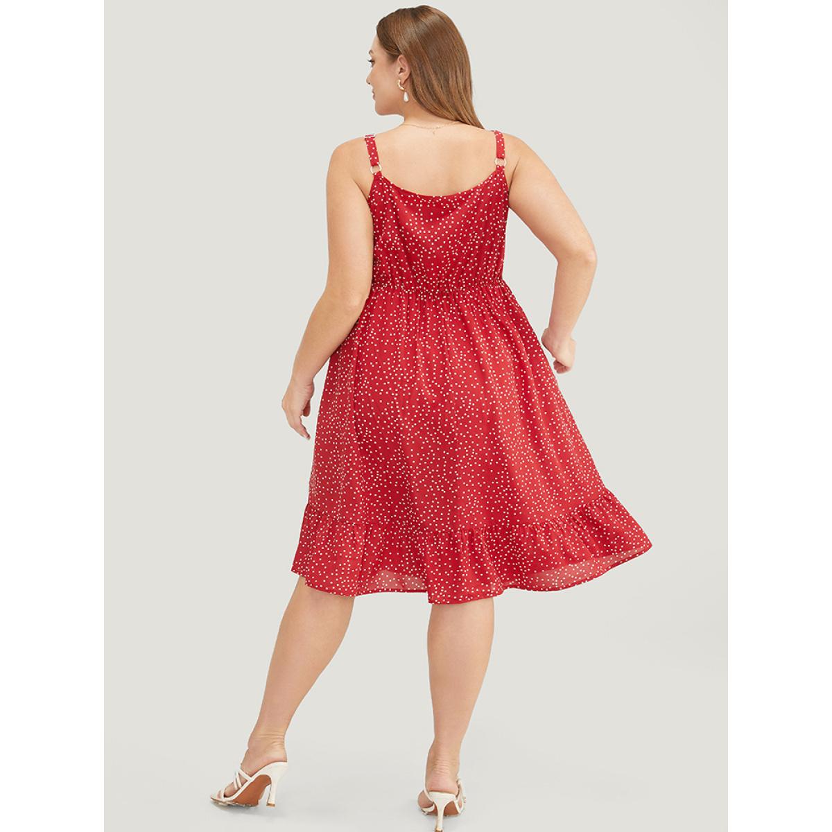 Plus Size Polka Dot Button Detail Knotted Pocket Cami Dress Crimson Women Elegant Adjustable Straps Spaghetti Strap Sleeveless Curvy Knee Dress BloomChic 14-16/1X Product Image
