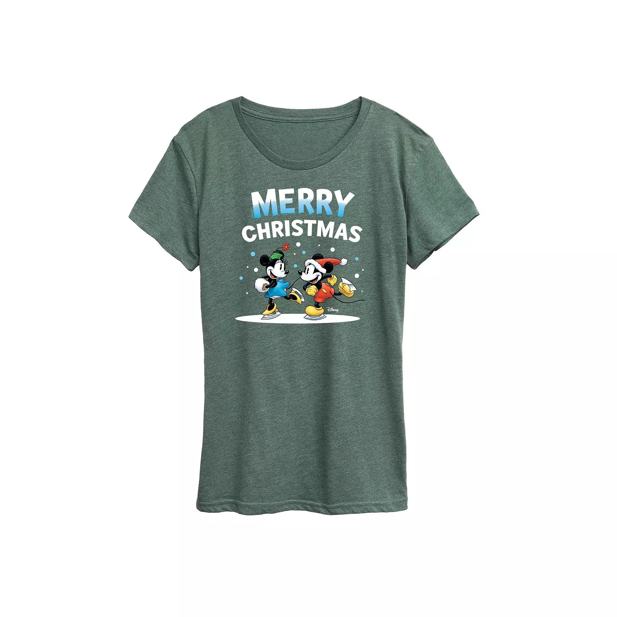 Disney's Mickey Mouse And Minnie Mouse Women's Christmas Ice Skating Graphic Tee., Girl's,  Product Image
