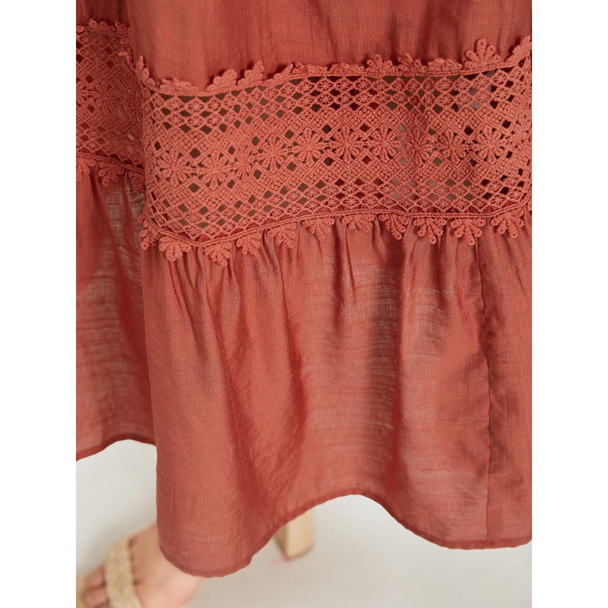 Plus Size Solid Crochet Lace Gathered Wrap Shirred Cami Dress Russet Women Vacation Patchwork V-neck Sleeveless Curvy Long Dress BloomChic 10/M Product Image