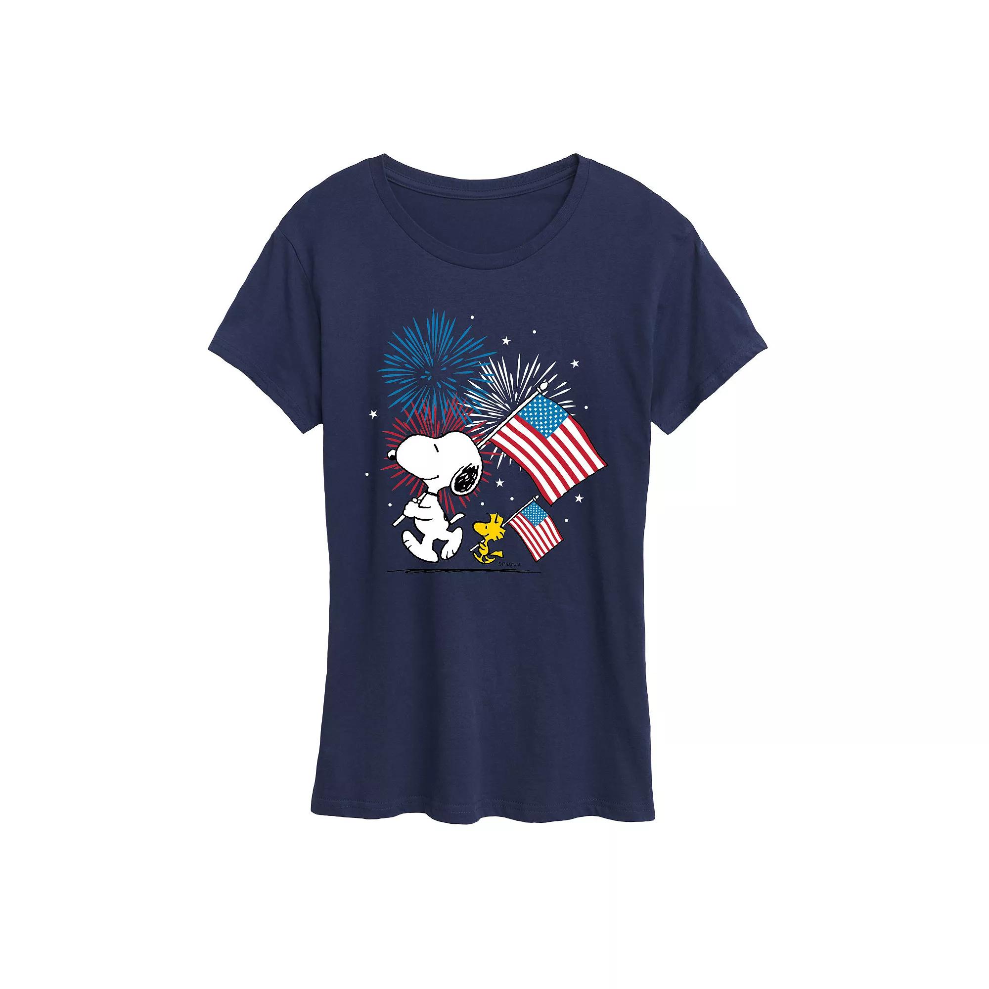 Women's Peanuts Snoopy & Woodstock USA Flags & Fireworks Graphic Tee,  Product Image