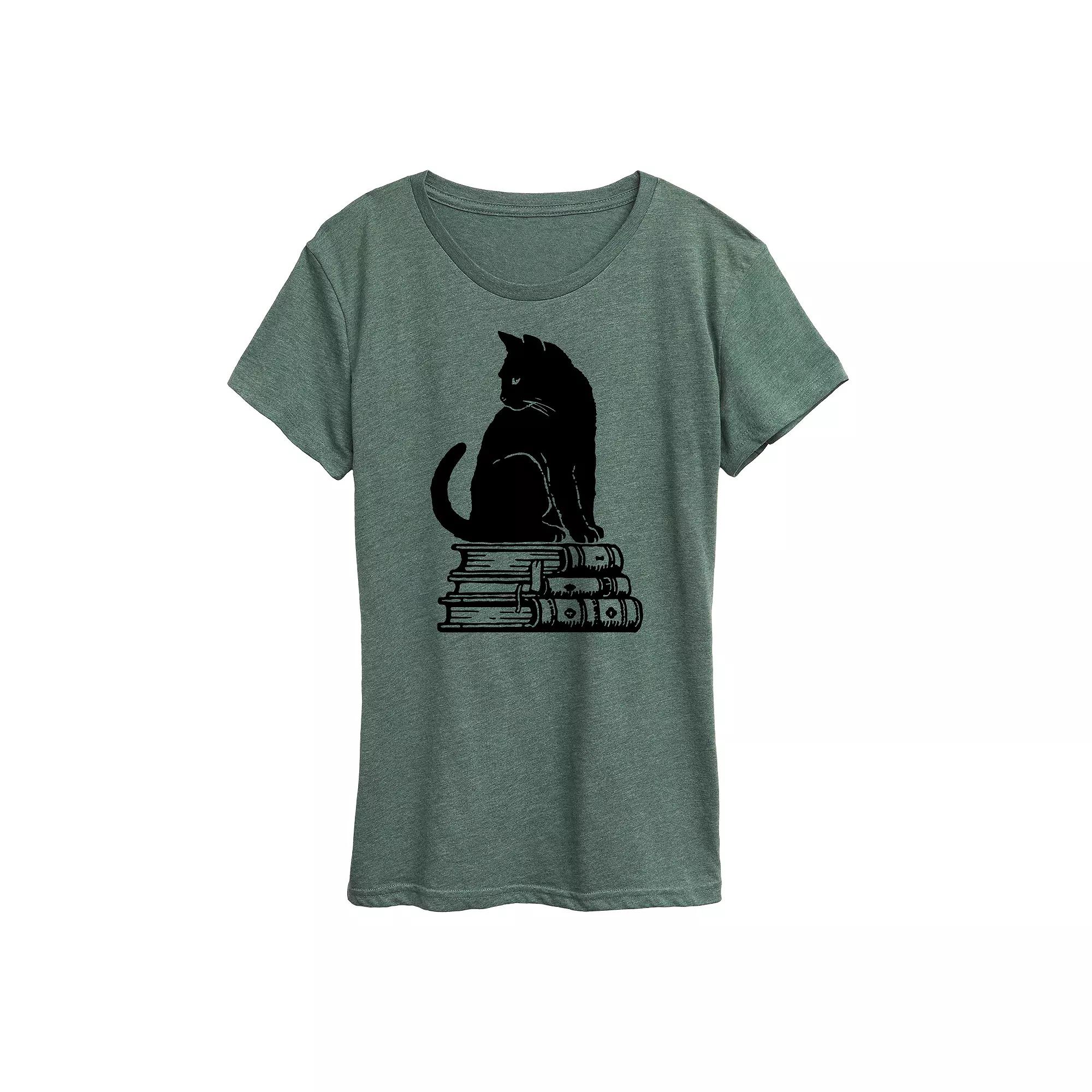 Women's Black Cat on Books Graphic Tee, Girl's,  Product Image