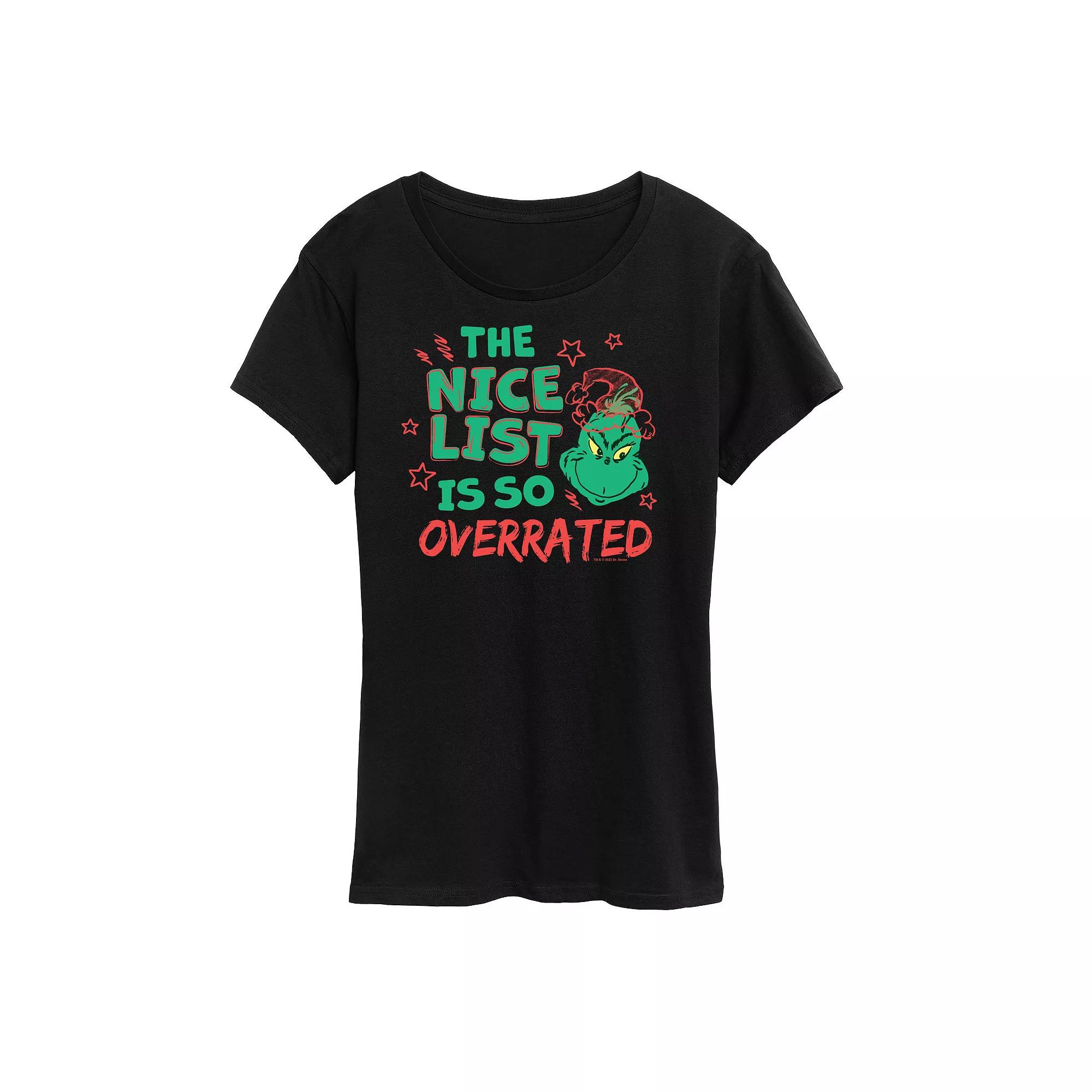 Women's Dr. Seuss The Grinch Nice List Overrated Graphic Tee, Girl's,  Product Image