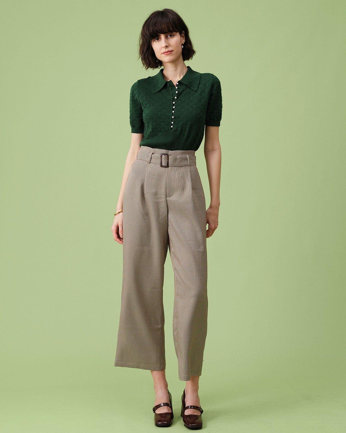 The Green Short Sleeve Textured Lapel Knit Tee Female Product Image