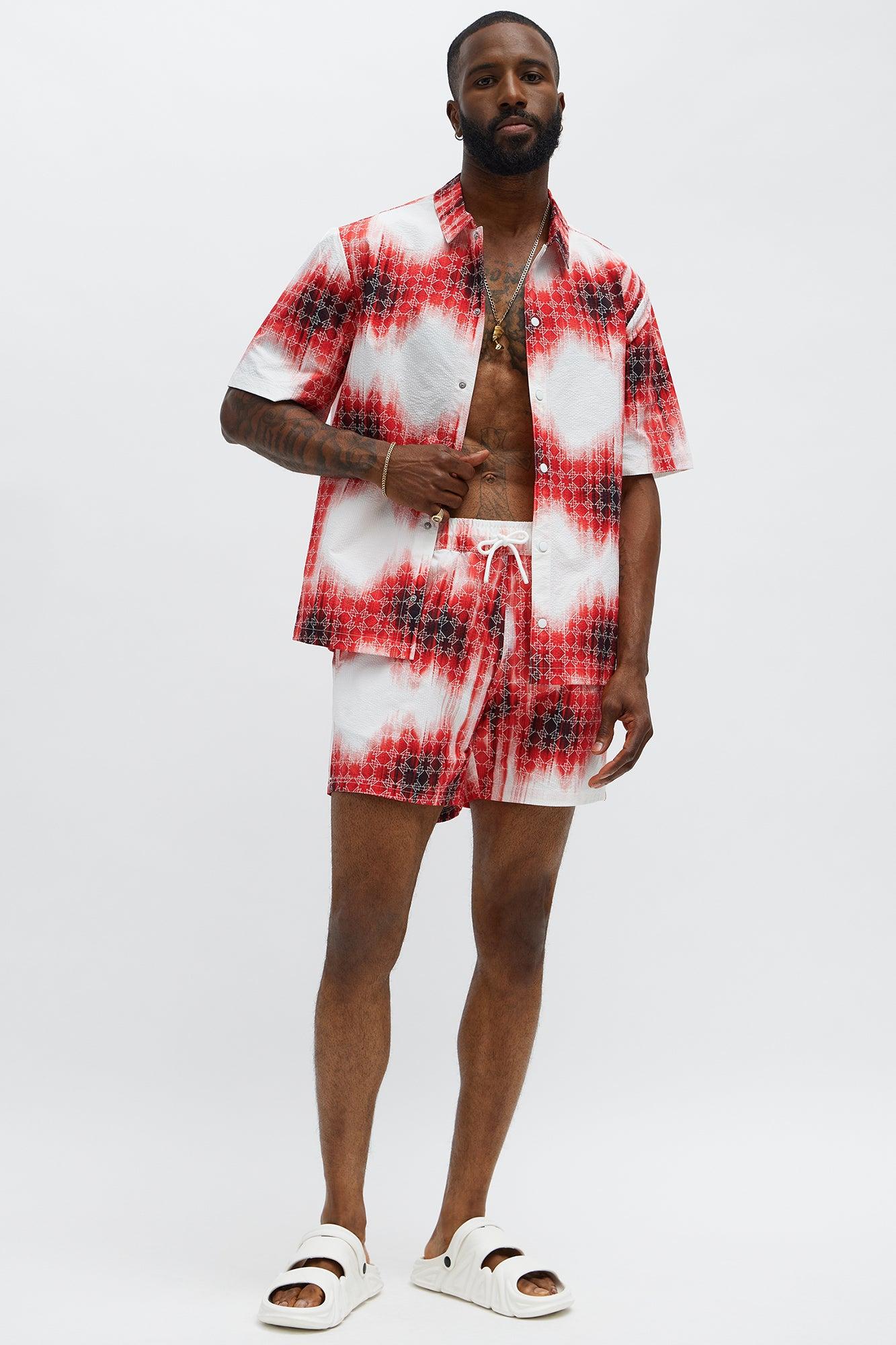 Seersucker Tie Dye Printed Closed Collar Shirt - Red/combo Male Product Image