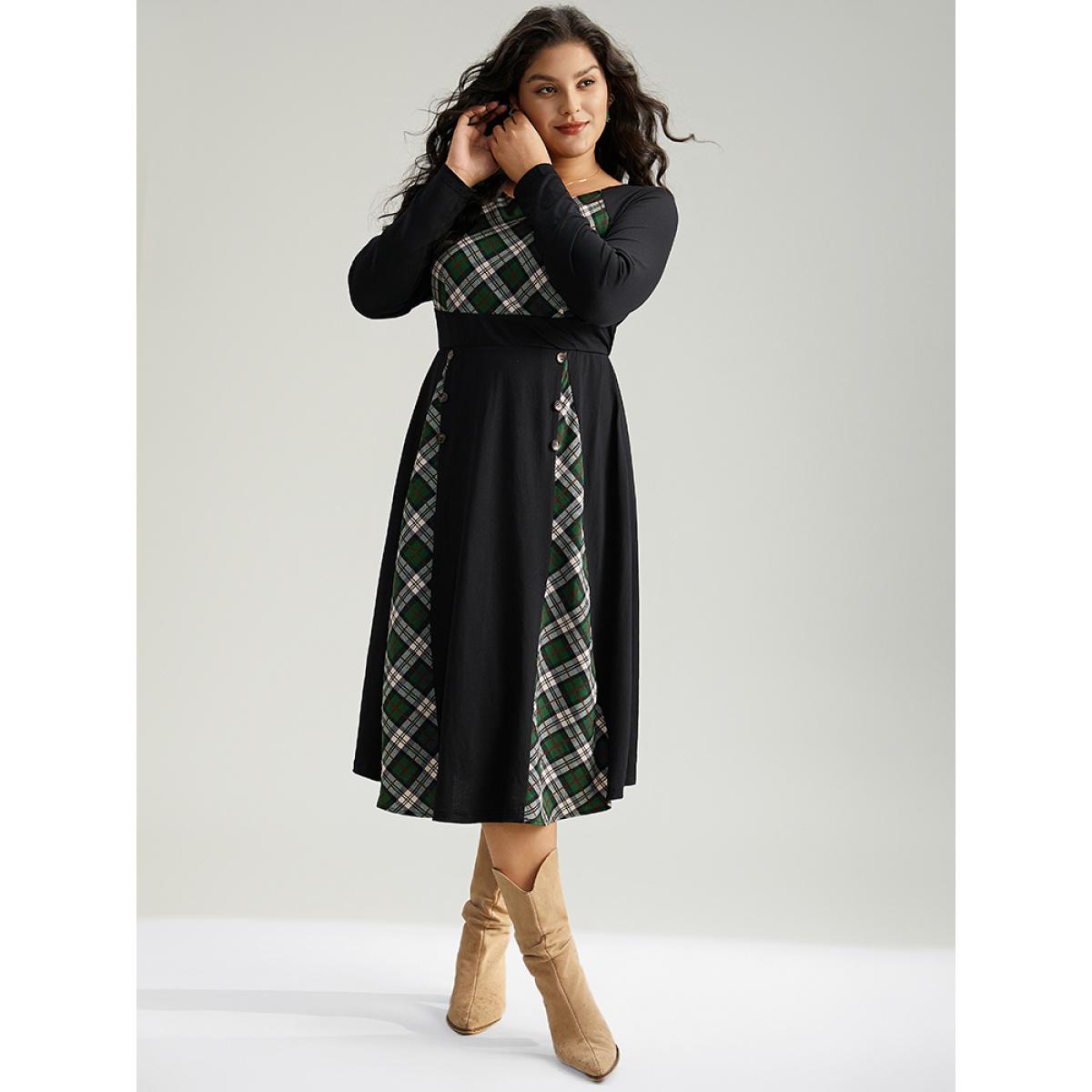 Plus Size Christmas Plaid Patchwork Button Detail Dress Black Women Elegant Printed Round Neck Long Sleeve Curvy Midi Dress BloomChic 18-20/2X Product Image