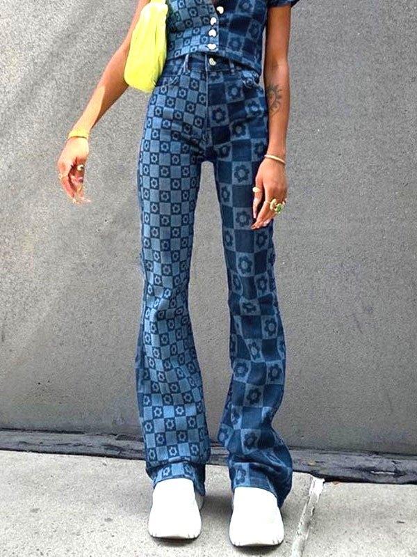 Checkered Print High Waist Slim Jeans Product Image