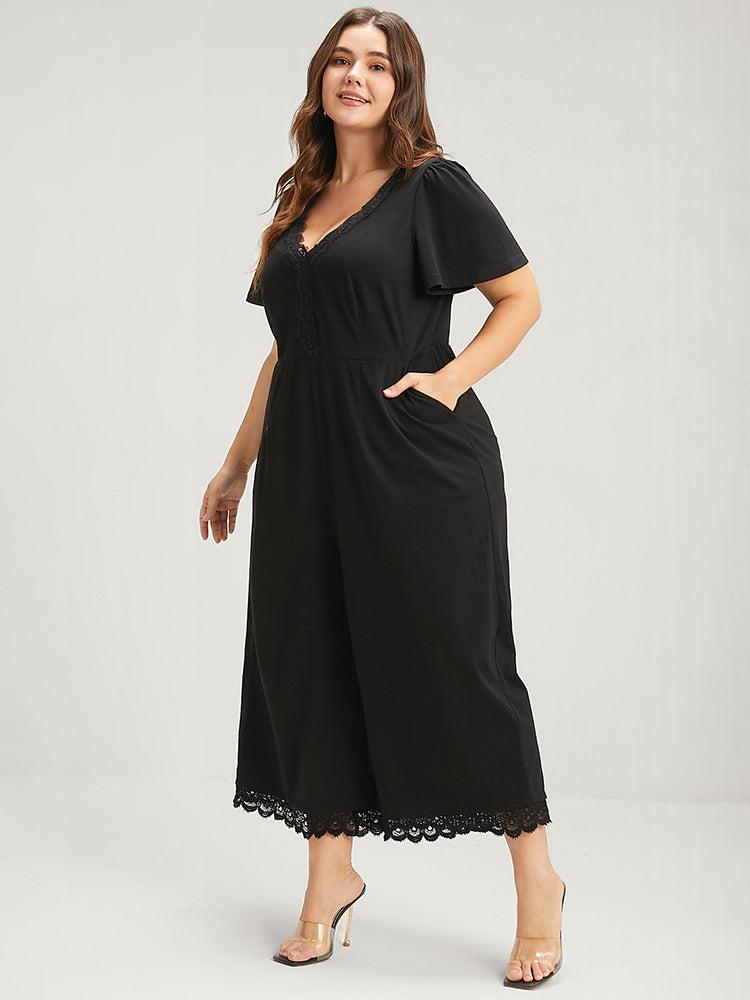 Solid Ruffles Contrast Lace Pocket Jumpsuit Female Product Image