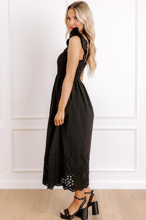 Call It Serendipity Smocked Eyelet Midi Dress in Black Product Image