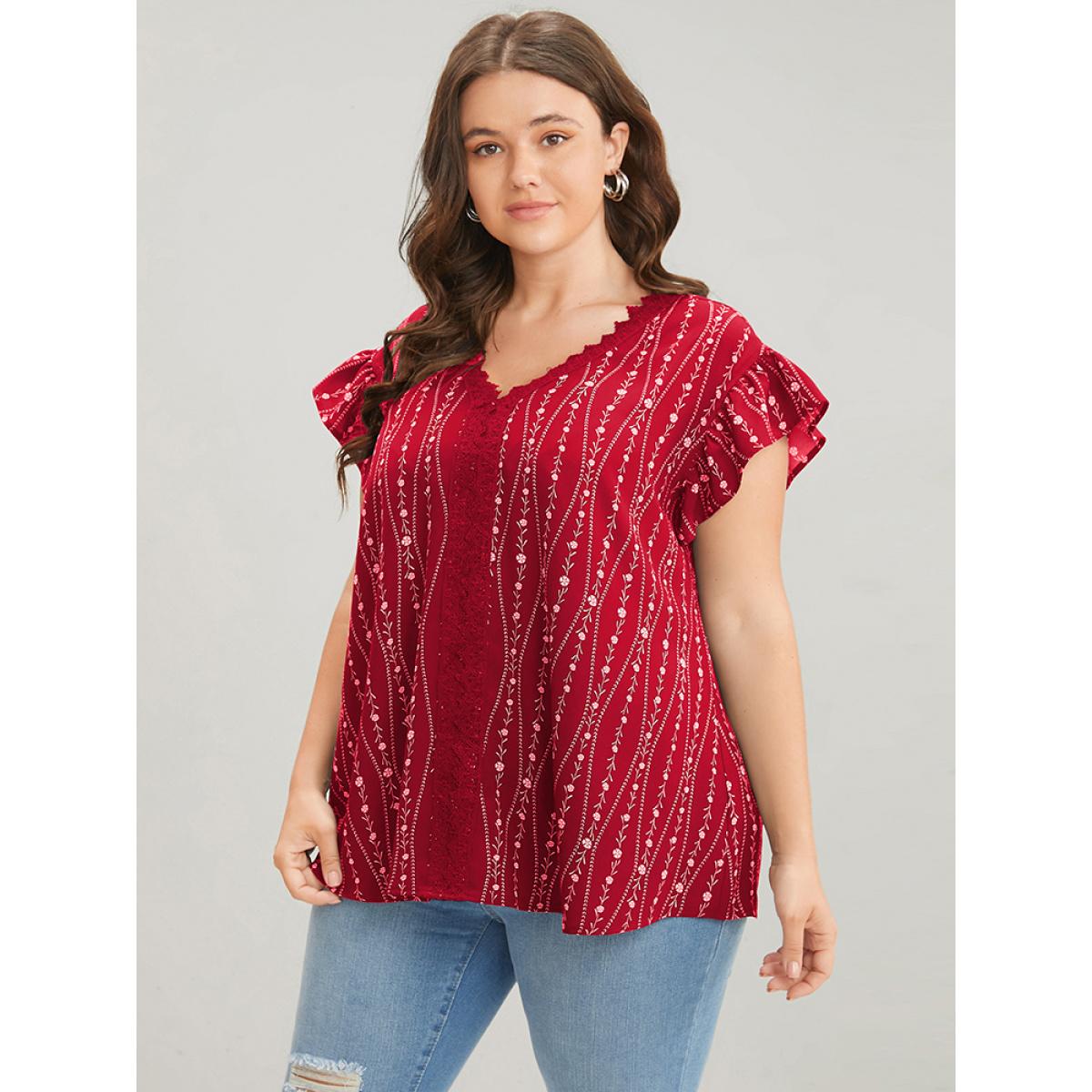 Plus Size Scarlet Floral Contrast Lace Ruffle Trim Blouse Women Elegant Short sleeve V-neck Dailywear Blouses BloomChic 10/M Product Image