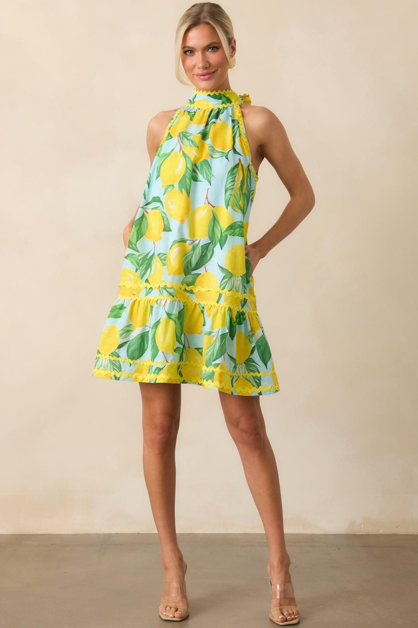 Prosperina Simone Blue Lemon Print Cotton Halter Mini Dress Product Image