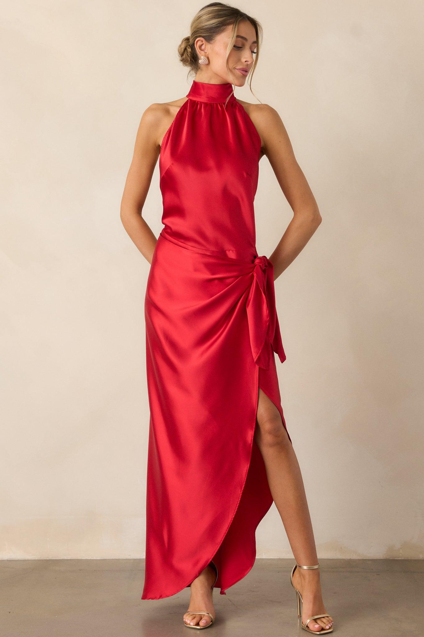 A Night Out Red Satin Halter Neck Maxi Dress Product Image