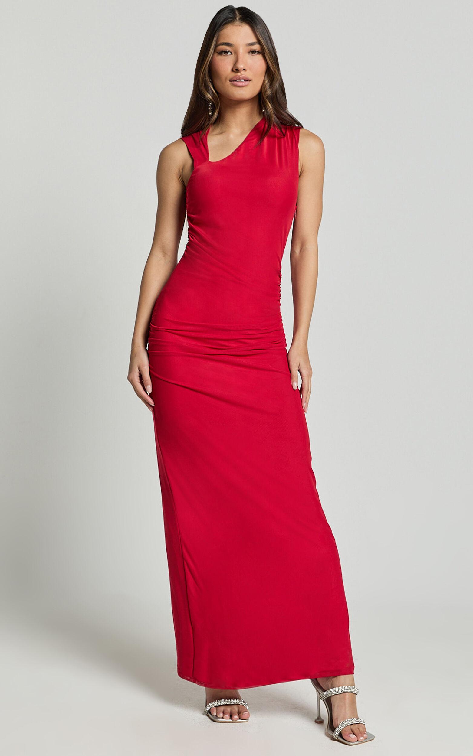 Lara Midi Dress - Asymmetrical Ruched Mesh Dress in Red Product Image