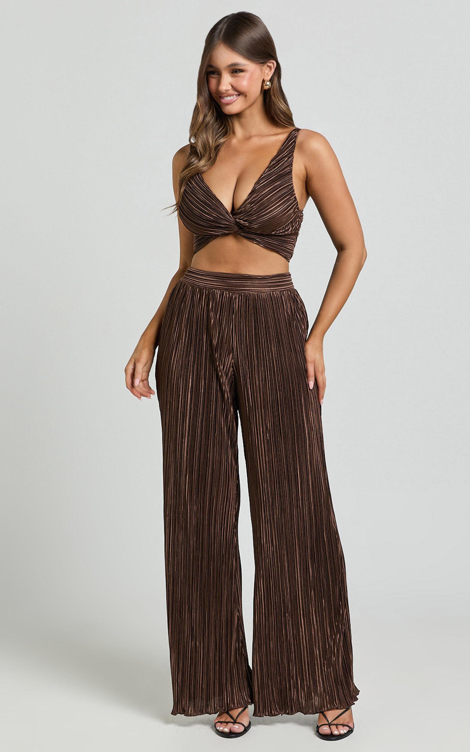 Gabby Two Piece Set - V Neck Twist Front Plisse Crop Top and High Waisted Plisse Relaxed Pants in Chocolate Product Image