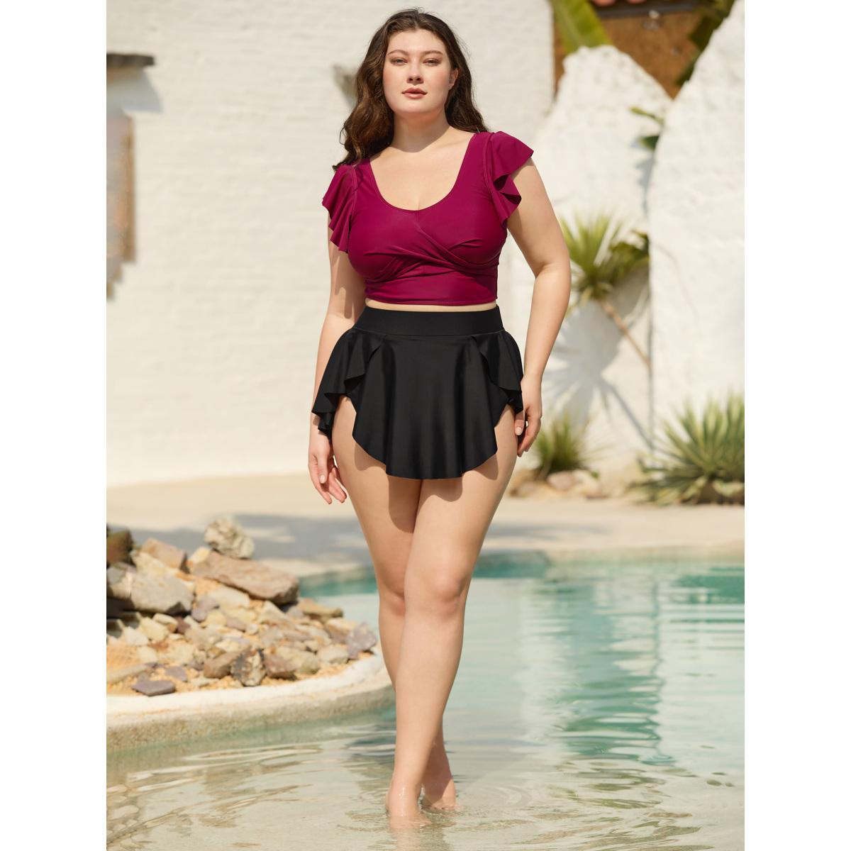 Plus Size Layered Hips Coverage Slit Swim Bottoms Women's Swimwear Black Resort Slit High stretch Bodycon High Rise Curve Swim Bottoms BloomChic 22-24/3X Product Image