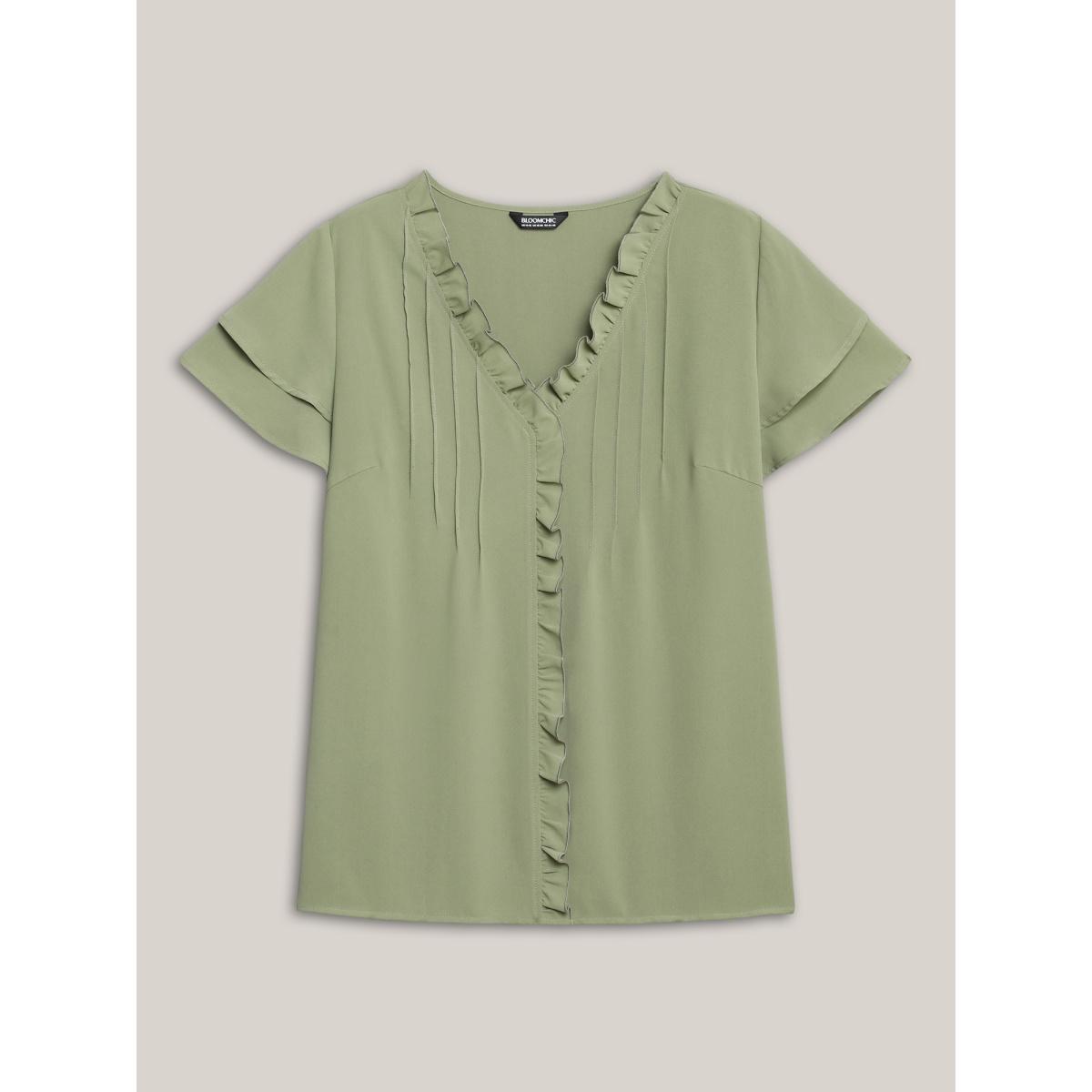 Plus Size Sage Ruffled Neck Toothpick Pleats Lotus Leaf Sleeve Shirt Women Elegant Short sleeve V-neck Everyday Blouses BloomChic 26/4X Product Image