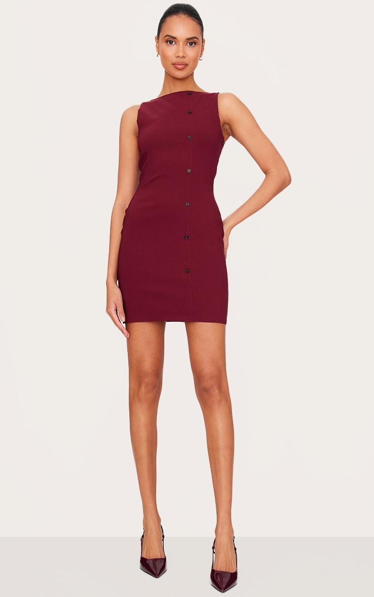 Burgundy Stretch Woven Button Down Shift Dress Product Image