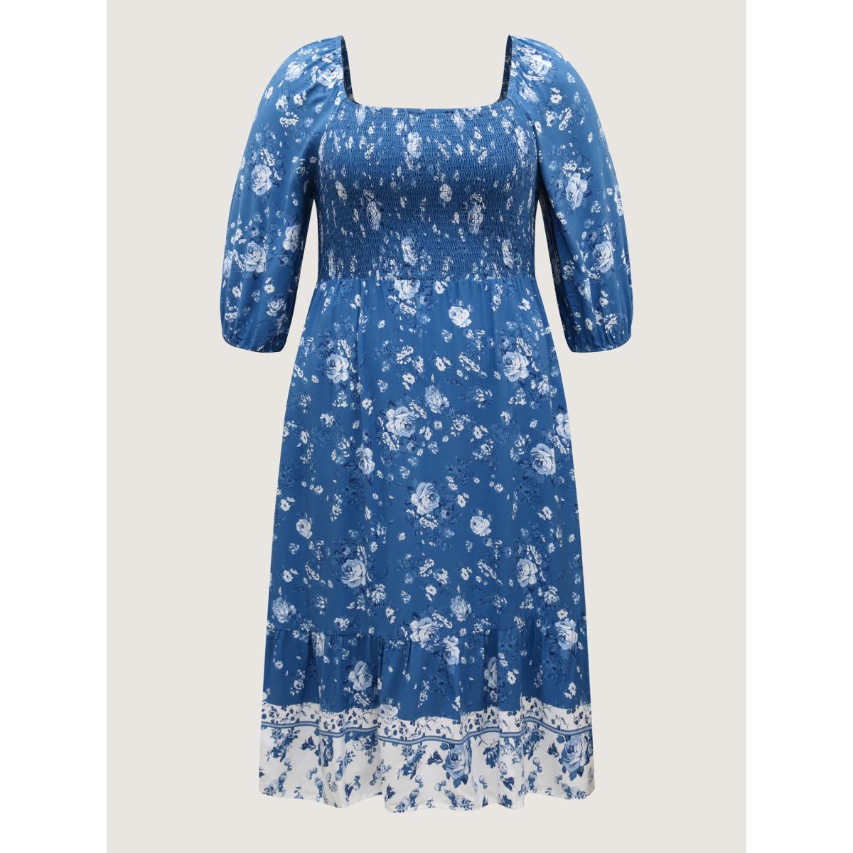 Plus Size Rosy Print Shirred Bust Pockets Midi Dress Mediumblue Women Square Neck Elbow-length sleeve Curvy BloomChic 10/M Product Image