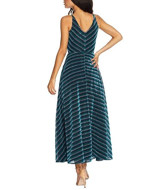 Dress the Population Lena Stripe Print Plunge V-Neck Sleeveless Wrap Bodice A-Line Maxi Dress Product Image