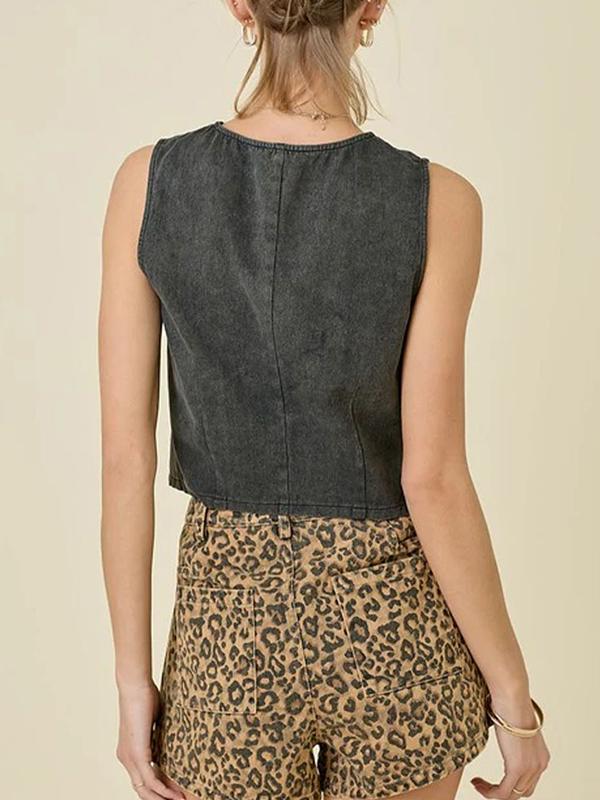 Loose Sleeveless Lace-Up Split-Joint Round-Neck Vest Top Product Image