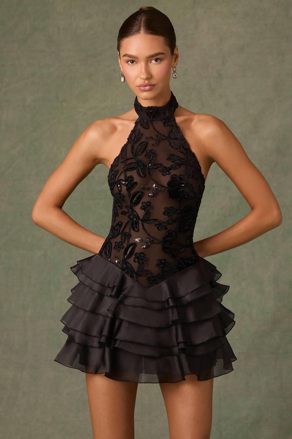 Embellished Ruffled Halterneck Mini Dress in Black Product Image