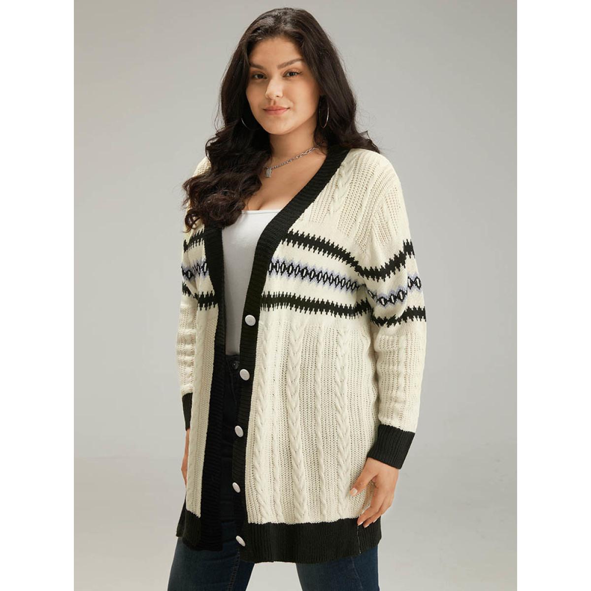 Plus Size Cable Knit Striped Geo Button Fly Cardigan Beige Women Casual Loose Long Sleeve Dailywear Cardigans BloomChic 10/M Product Image
