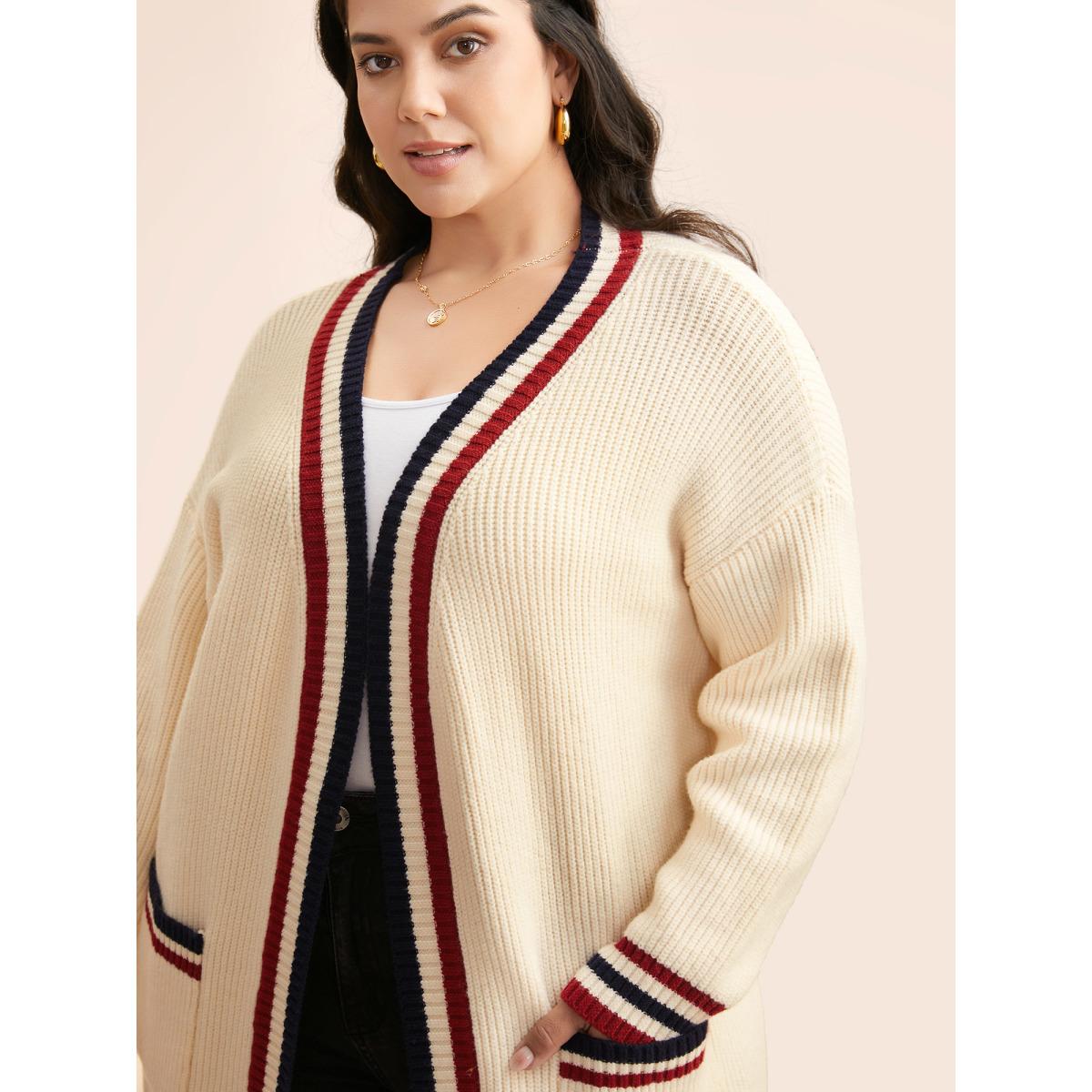 Plus Size Supersoft Essentials Contrast Striped Drop Shoulder Cardigan Beige Women Leisure Loose Long Sleeve Casual Cardigans BloomChic 22-24/3X Product Image
