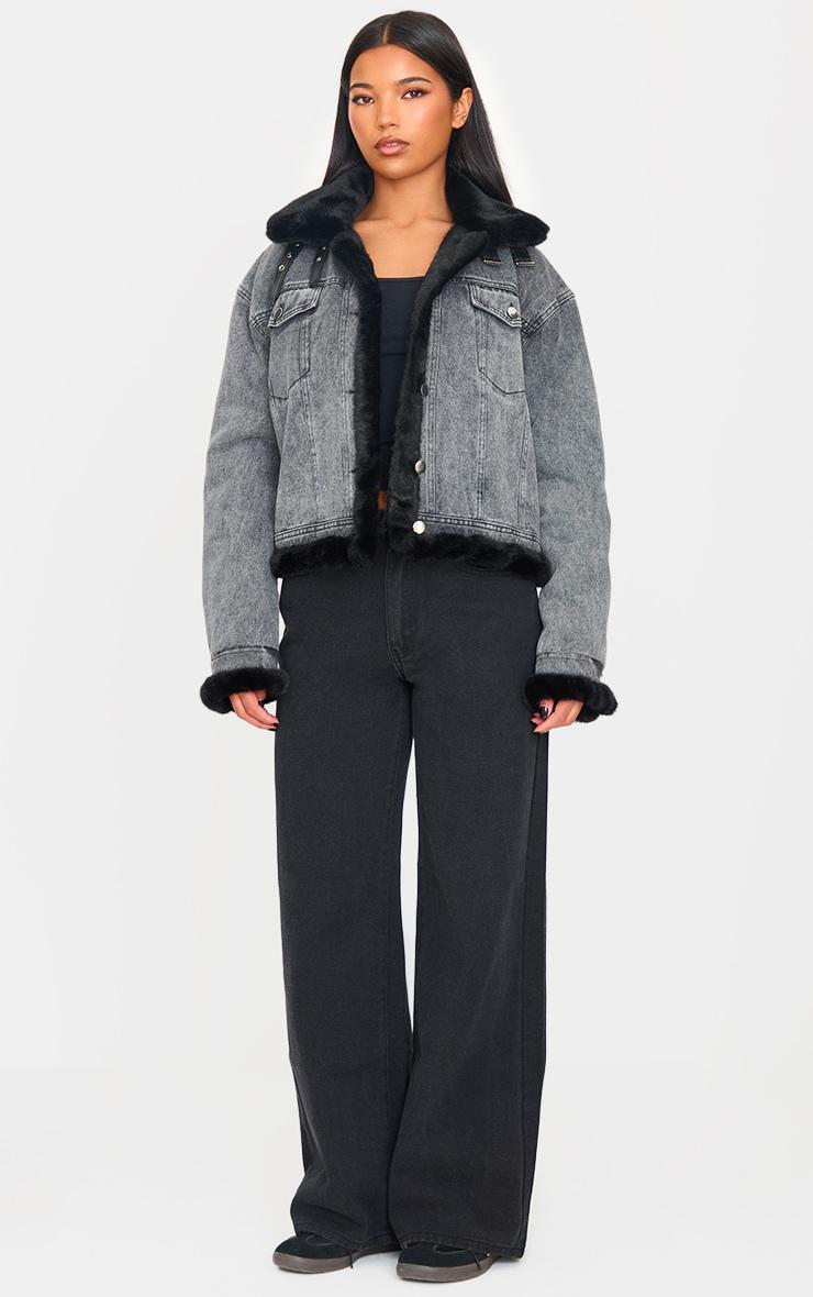 Grey Soft Faux Fur Aviator Style Denim Jacket Product Image
