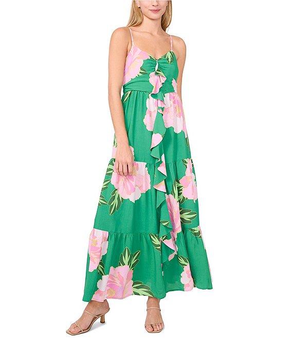 CeCe Floral Print V-Neck Sleeveless Tiered Ruffle Maxi A-Line Dress Product Image