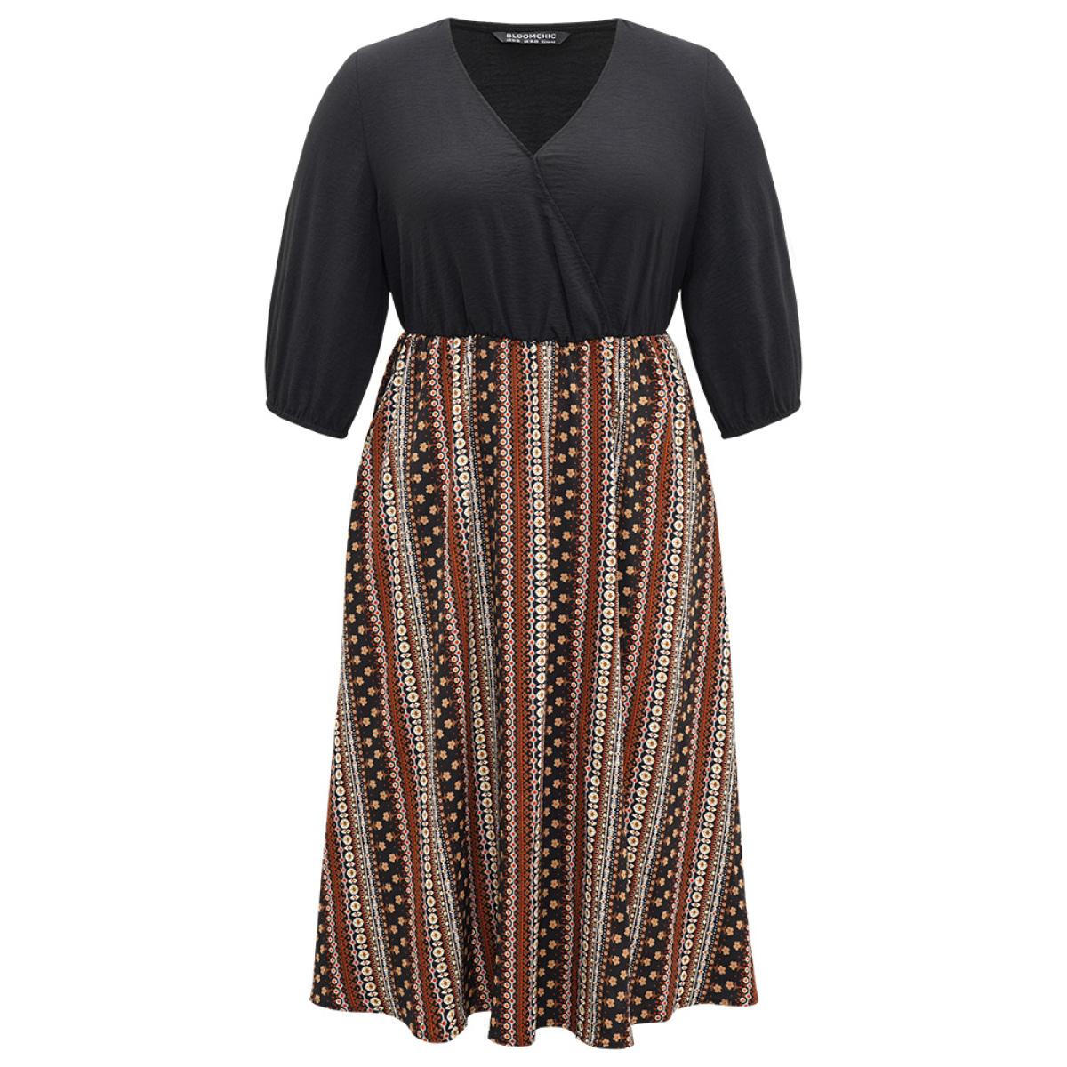 Plus Size Bandana Striped Patchwork Wrap Dress Black Women Vacation Elastic cuffs V-neck Elbow-length sleeve Curvy Midi Dress BloomChic 30/6X Product Image