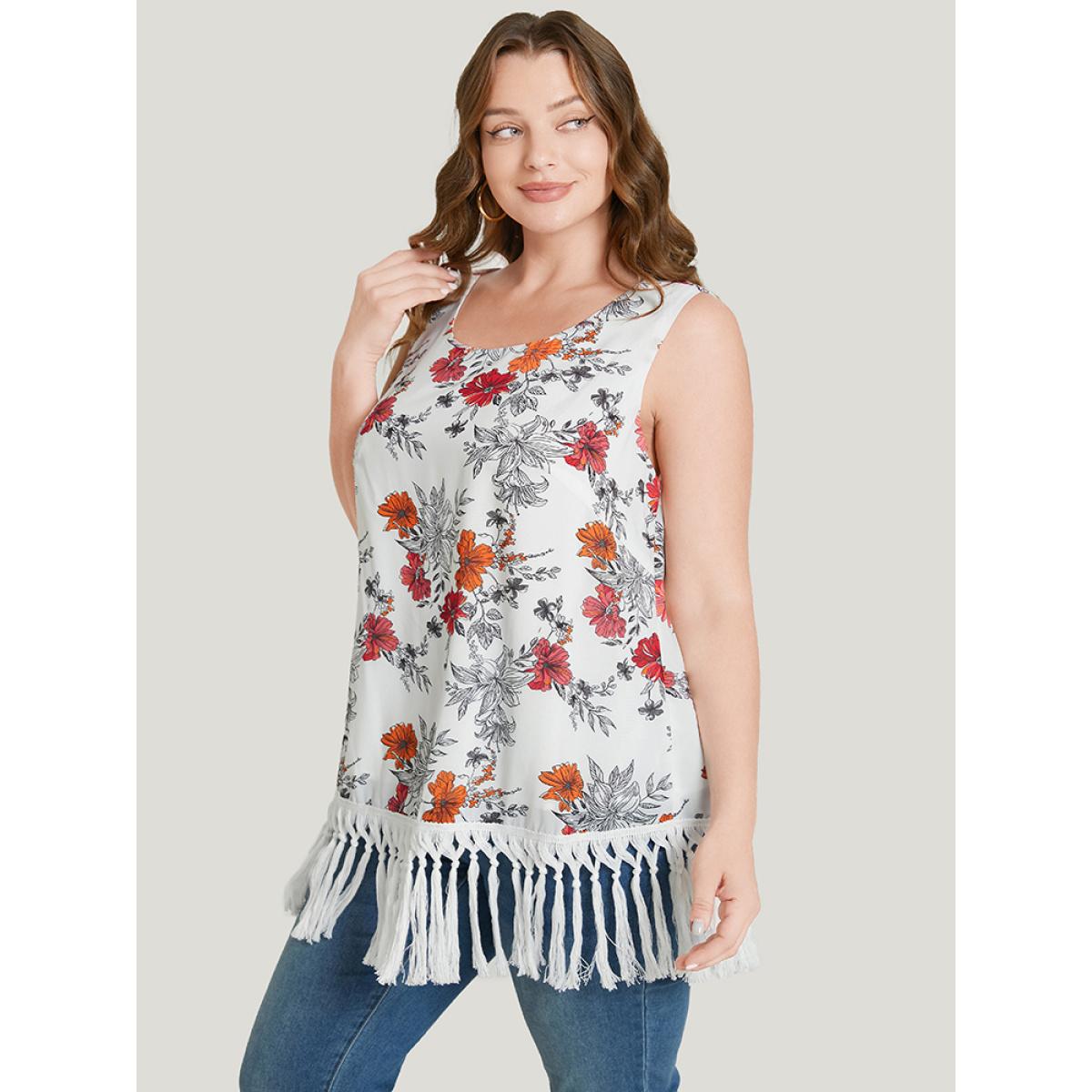 Plus Size Floral Print Fringe Trim Tank Top Women White Vacation Dailywear Tank Tops Camis BloomChic 10/M Product Image