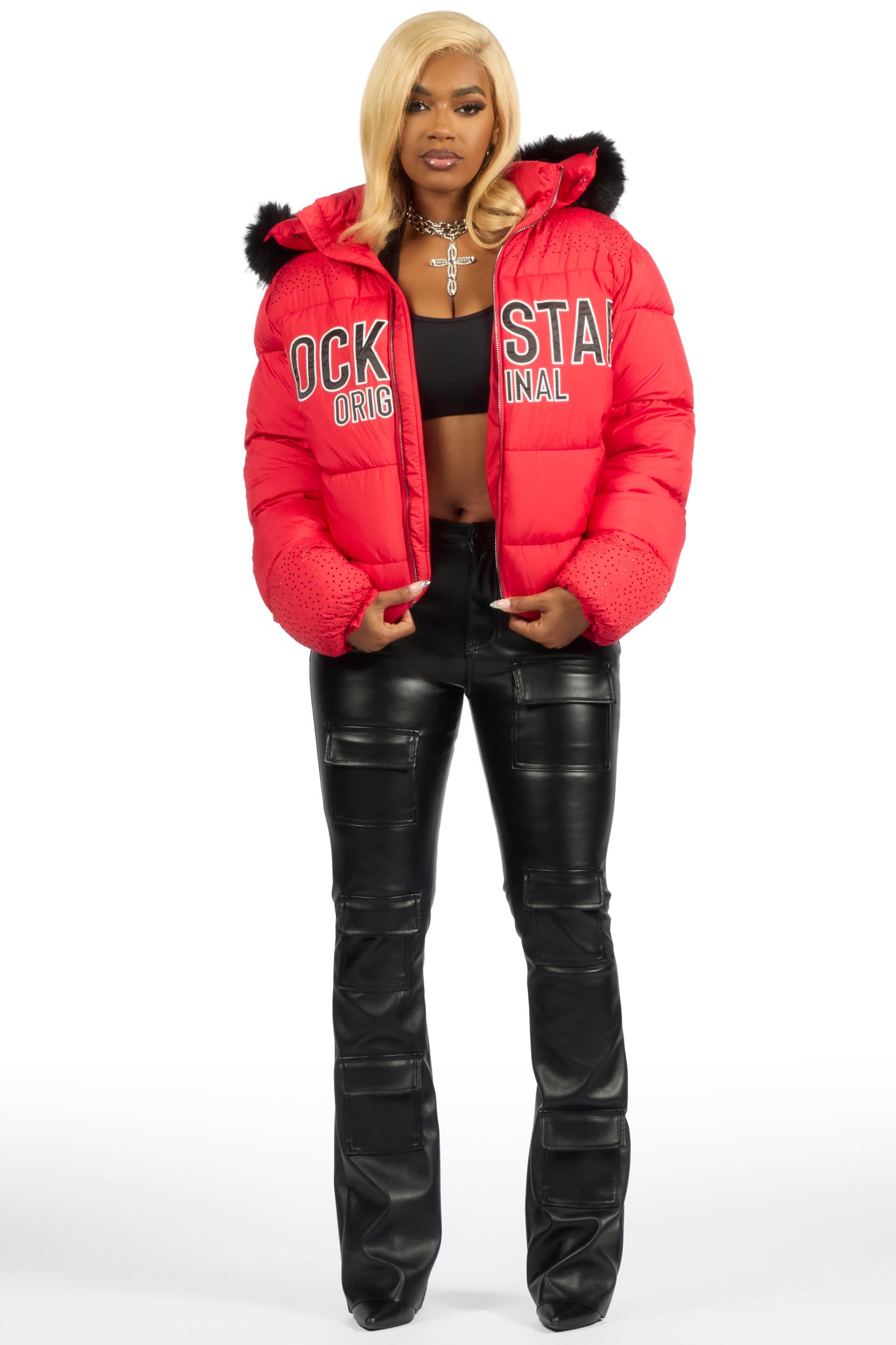 Natia Red Oversized Rhinestone Puffer Jacket Female Product Image