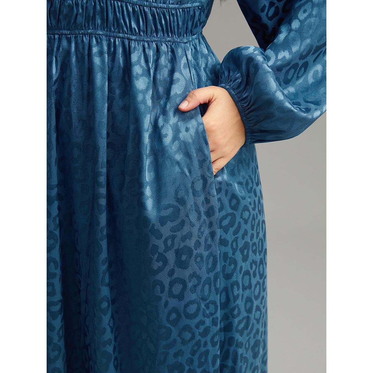 Plus Size Leopard Print Square Neck Shirred Gathered Dress Aegean Women Party Elastic cuffs Square Neck Long Sleeve Curvy Midi Dress BloomChic 22-24/3X Product Image