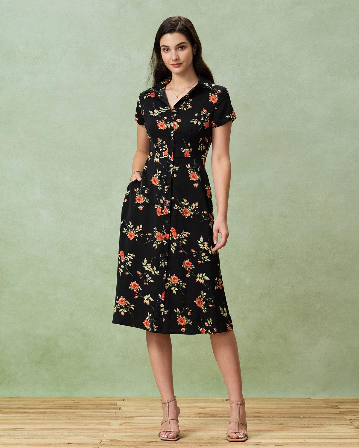 Black Floral Button A-Line Midi Dress Product Image