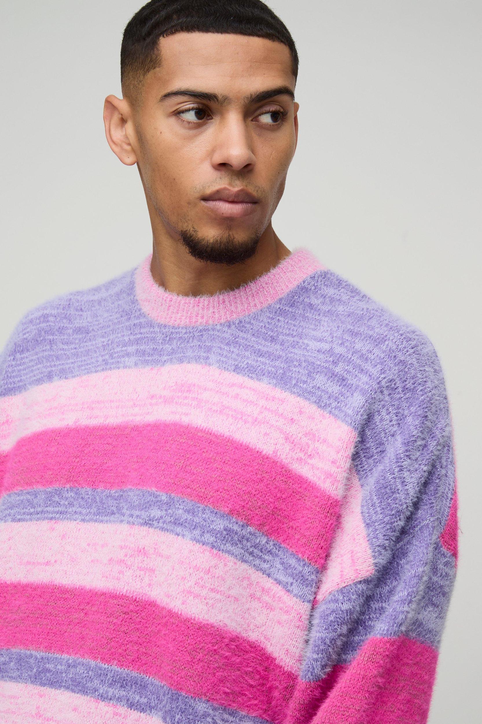 Boxy Brushed Stripe Knitted Sweater | boohooMAN USA Product Image