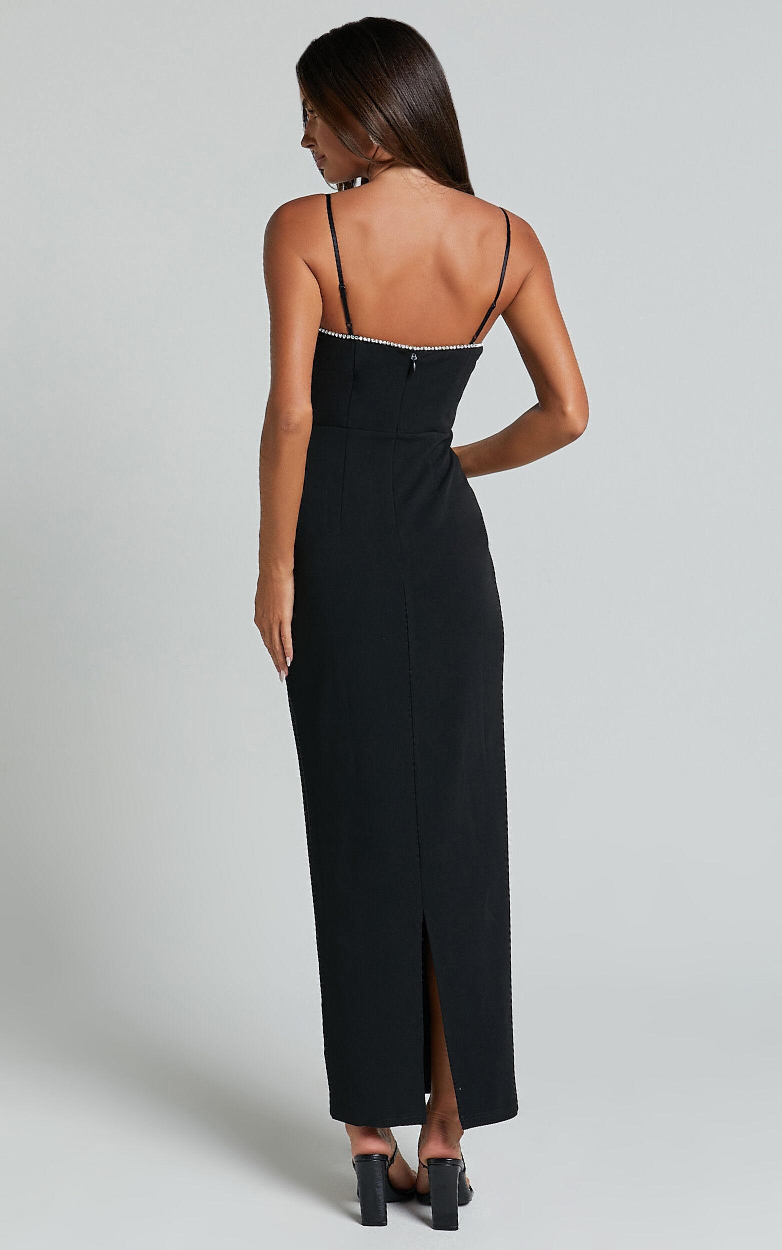 Felicity Midi Dress - Plunge Diamante Detail Dress in Black Product Image