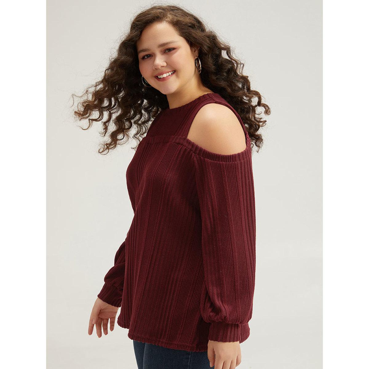 Plus Size Plain Rib Knit Elastic Cuffs Cold Shoulder Sweatshirt Women Scarlet Elegant Elastic cuffs Round Neck Dailywear Sweatshirts BloomChic 14-16/1X Product Image