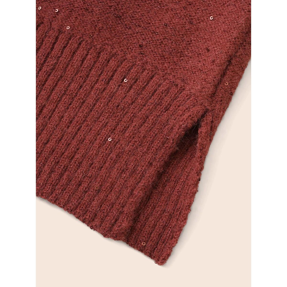 Plus Size V Neck Glitter Dropped Shoulder Split Hem Pullover Deepred Women Casual Loose Long Sleeve V-neck Everyday Pullovers BloomChic 14-16/1X Product Image