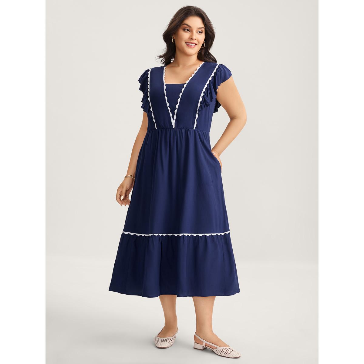 Plus Size Rayon Collar Ribbon Contrast Pockets Midi Dress Indigo Women V-neck Cap Sleeve Curvy BloomChic 22-24/3X Product Image