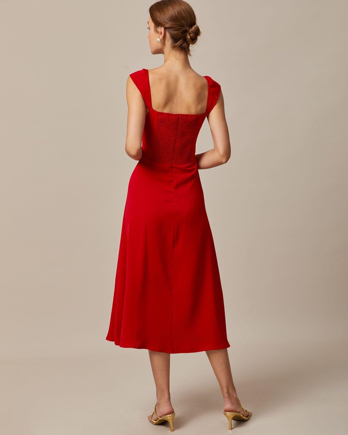 The Red Sweetheart Neck Cap Sleeve Midi Dress Product Image