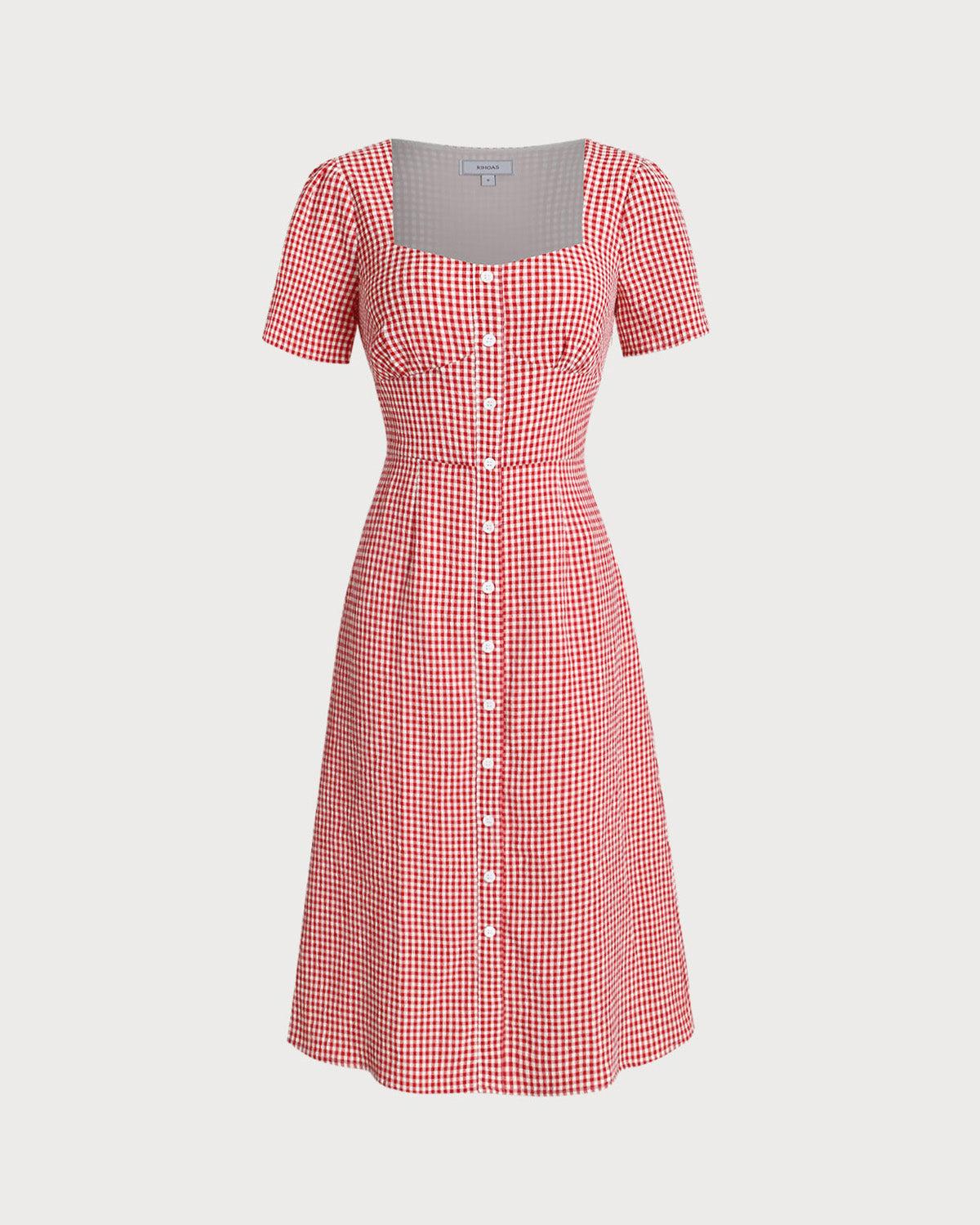 Red Plaid Square Neck Midi Dress Product Image