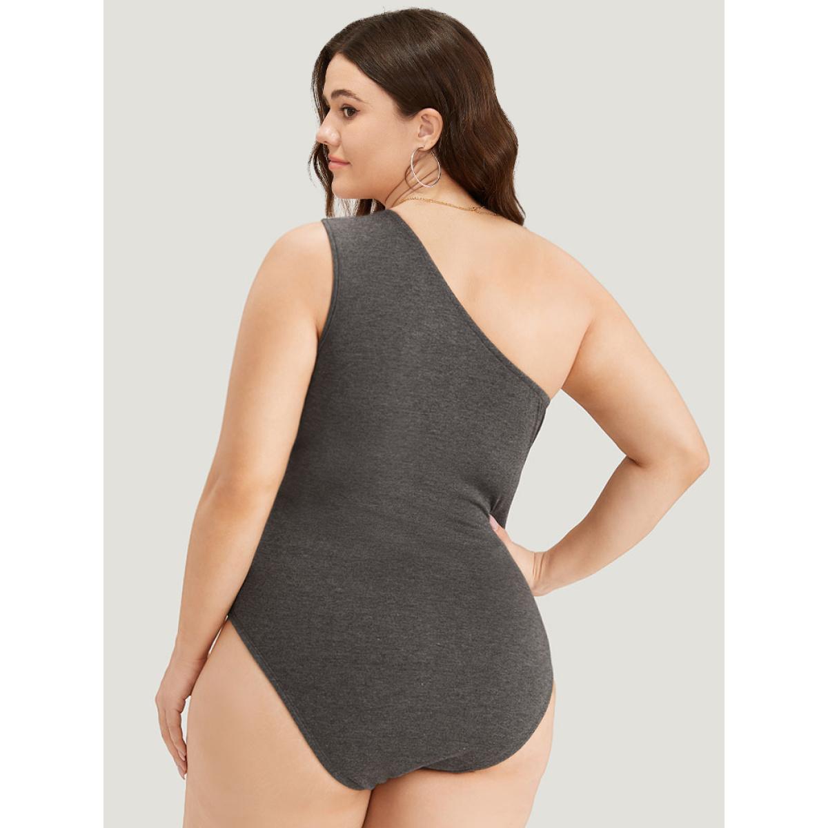 Plus Size Plain One Shoulder Slightly Stretchy Bodysuit Women DimGray Plain Plain Bodysuits BloomChic 22-24/3X Product Image
