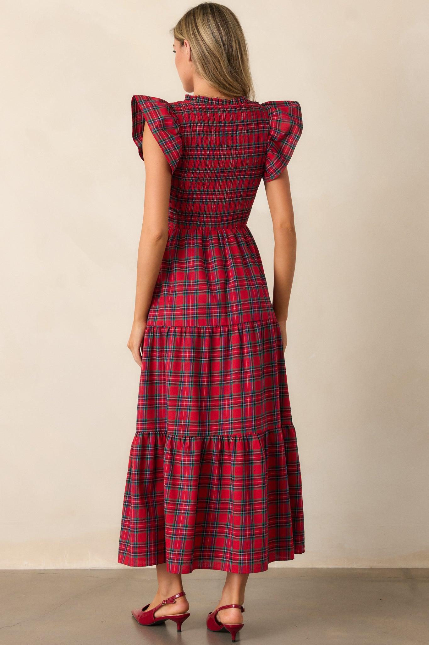 A Place To Be Cotton Red Plaid Midi Dress Product Image
